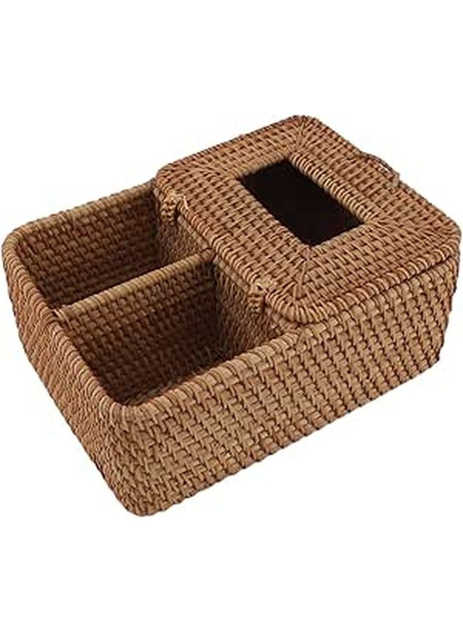 صندوق مناديل من الروطان اليدوي المربع مع غطاء لتزيين المنزل والمطبخ والمكتب وحامل المناديل - Image 1