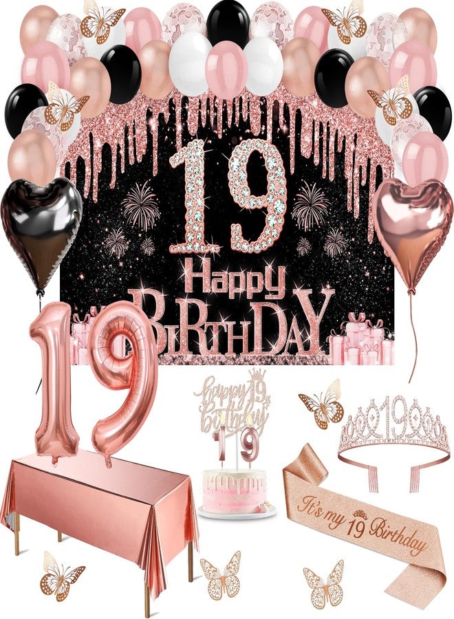 Juesly 19th Birthday Decorations for Girls, 49pcs Black Rose Gold Black Banner, Tablecloth, Butterfly Decor, 19th Birthday Sash and Tiara, Cake Topper, Candles, Balloons Arch - Image 1