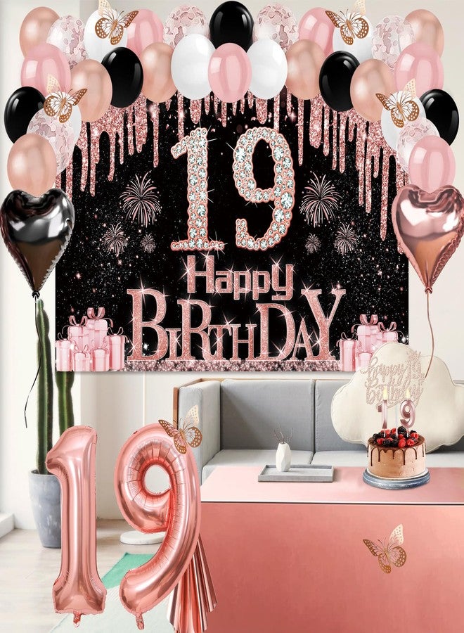 Juesly 19th Birthday Decorations for Girls, 49pcs Black Rose Gold Black Banner, Tablecloth, Butterfly Decor, 19th Birthday Sash and Tiara, Cake Topper, Candles, Balloons Arch - Image 5
