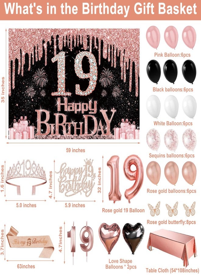 Juesly 19th Birthday Decorations for Girls, 49pcs Black Rose Gold Black Banner, Tablecloth, Butterfly Decor, 19th Birthday Sash and Tiara, Cake Topper, Candles, Balloons Arch - Image 3
