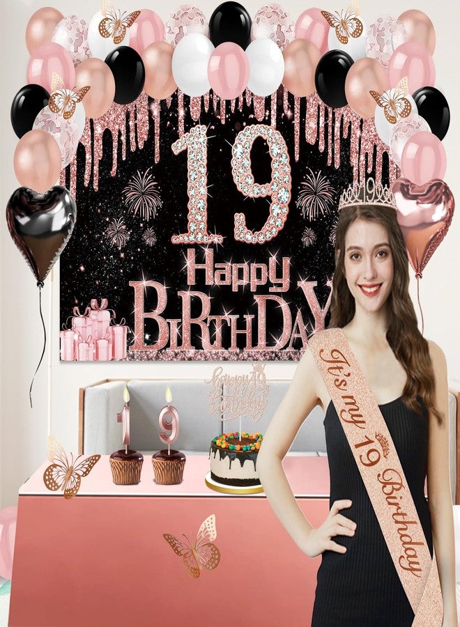 Juesly 19th Birthday Decorations for Girls, 49pcs Black Rose Gold Black Banner, Tablecloth, Butterfly Decor, 19th Birthday Sash and Tiara, Cake Topper, Candles, Balloons Arch - Image 2