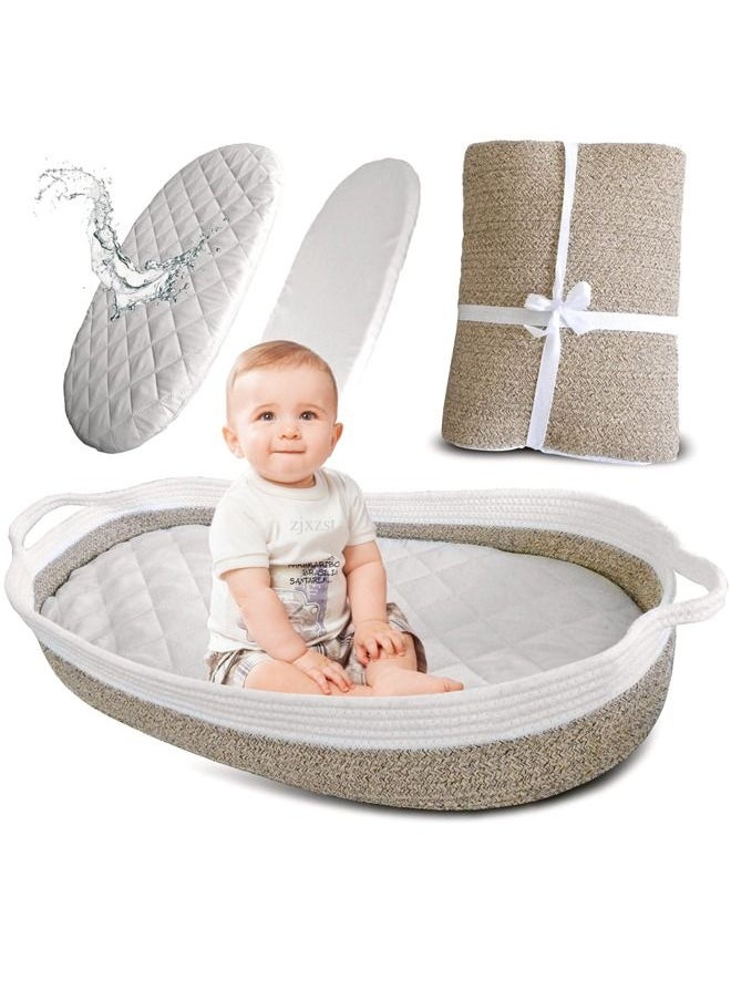 XiuWoo Baby Changing Basket Nursery Decor Cotton Rope Changing Table Topper with Thick Cotton Foam Pad and Removable Waterproof Bamboo Mattress Cover with Removable Cotton Cover Storage Bag Changing Basket  - Image 1