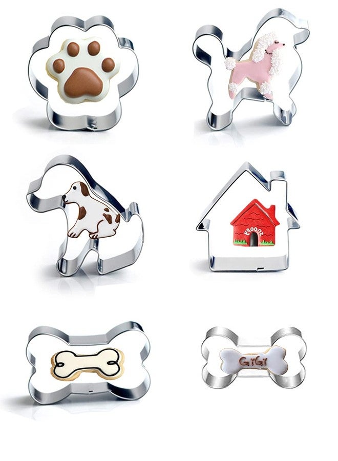 RUUKON 6 Pieces Dog Bone Cookie Cutters Set, Dog Bone, Paw Print, Puppy, Poodle and Dog House Cookie Cutters Shapes, Cute Stainless Steel Biscuit Cutters Fondant Cake Molds - Image 1