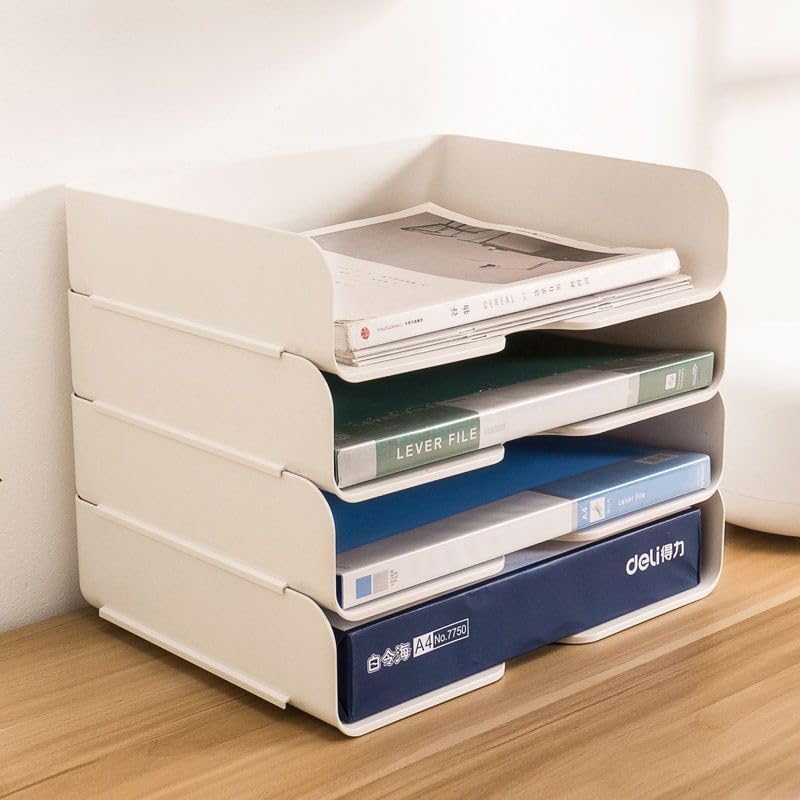 divinezon Plastic Stacable 4-Tier Document Tray, Letter, Books, Magazines, Accessories Storage Rack | White | 32 X 24 X 7 CM, Rectangular - Image 1