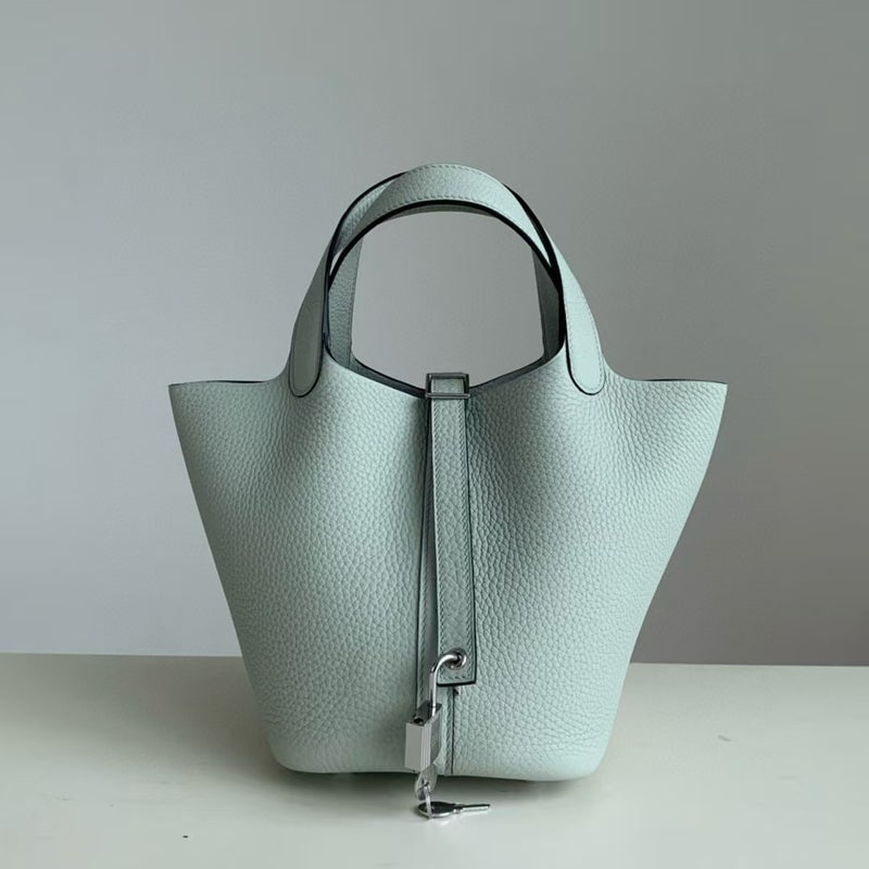 18cm Wax Line Hand Sewed TC Top Layer Cowhide Vegetable Basket Bag Bucket Bag Genuine Leather Womens Bag Handbag Ice crystal gray 