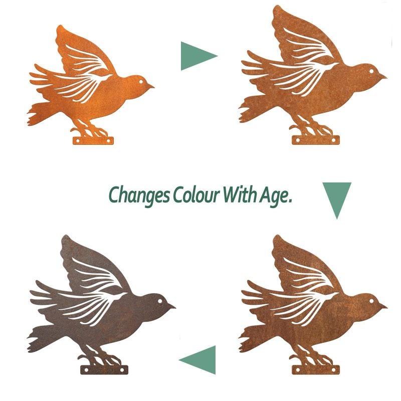 Metal Bird Silhouette: Set Of 5 Gold Handmade Steel Pieces - Rustic Patina Finish, Easy Stable Installation Garden Bird Ornament For Outdoor Patio Yard Decor, Bird Enthusiasts - Image 3