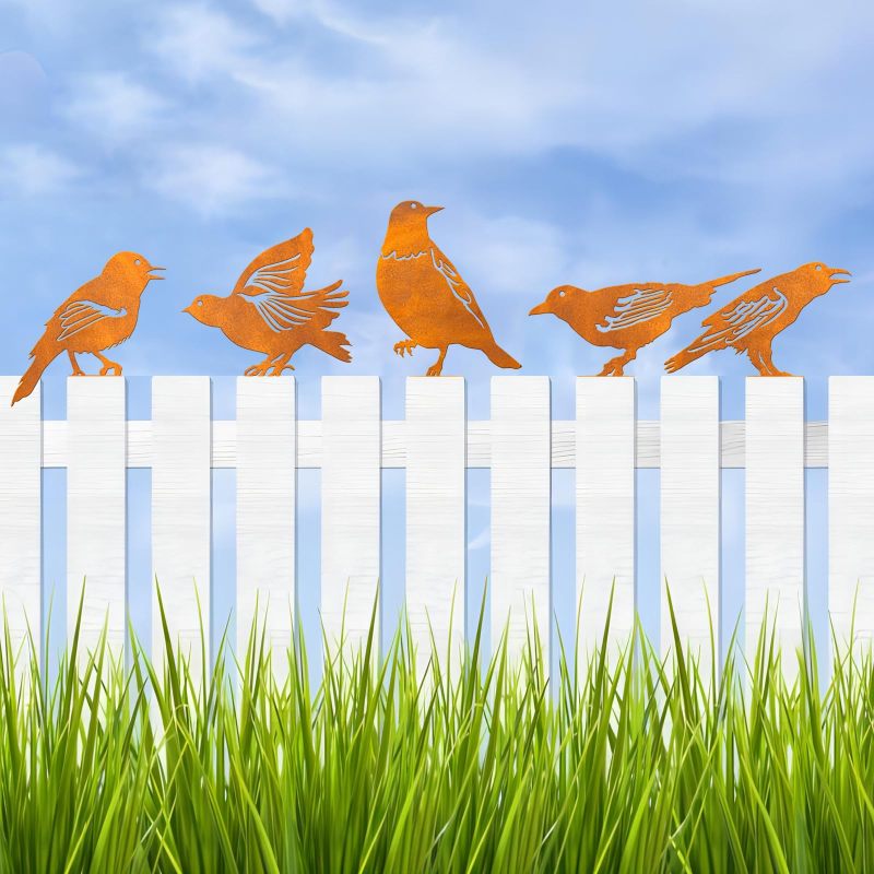 Metal Bird Silhouette: Set Of 5 Gold Handmade Steel Pieces - Rustic Patina Finish, Easy Stable Installation Garden Bird Ornament For Outdoor Patio Yard Decor, Bird Enthusiasts - Image 1