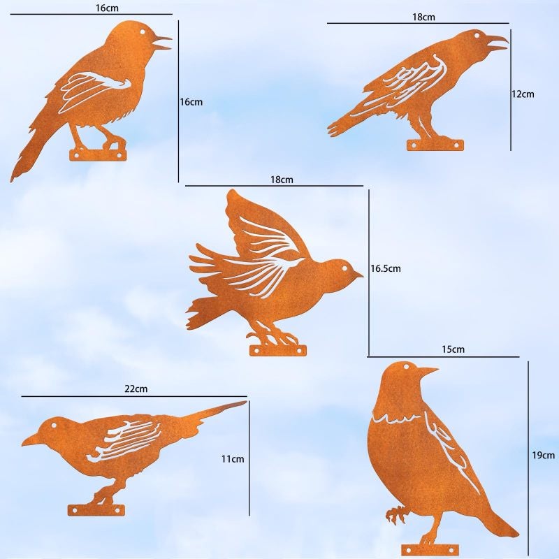 Metal Bird Silhouette: Set Of 5 Gold Handmade Steel Pieces - Rustic Patina Finish, Easy Stable Installation Garden Bird Ornament For Outdoor Patio Yard Decor, Bird Enthusiasts - Image 2