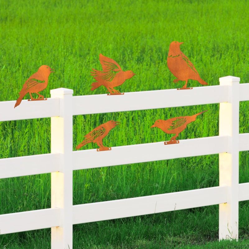 Metal Bird Silhouette: Set Of 5 Gold Handmade Steel Pieces - Rustic Patina Finish, Easy Stable Installation Garden Bird Ornament For Outdoor Patio Yard Decor, Bird Enthusiasts - Image 5