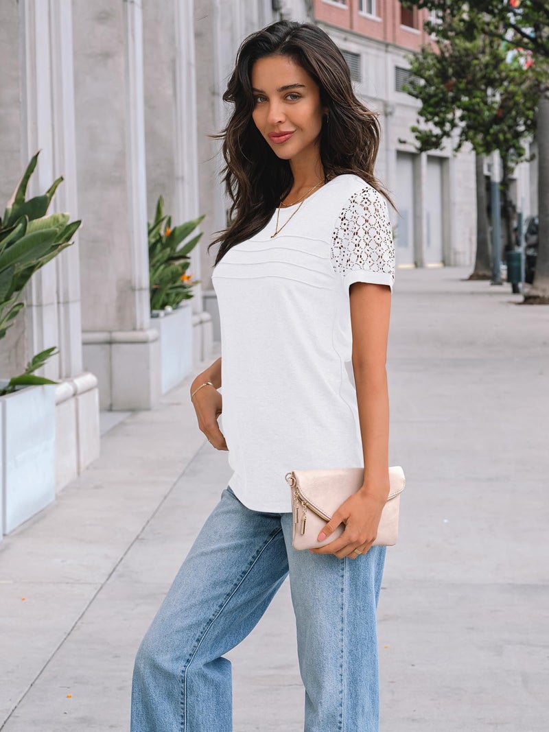 AUTOMET Short Sleeve Shirts for Women Summer Tops 2026 Spring Fashion Dressy Casual Outfits Lace Trendy Top Cute Work T Shirt Business Vacation Clothes Blouses White M - Image 3
