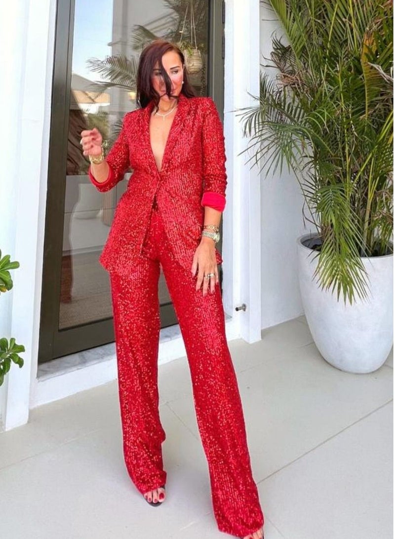 VENTIUP Women Wide Leg Sequin Pants Red - Image 5