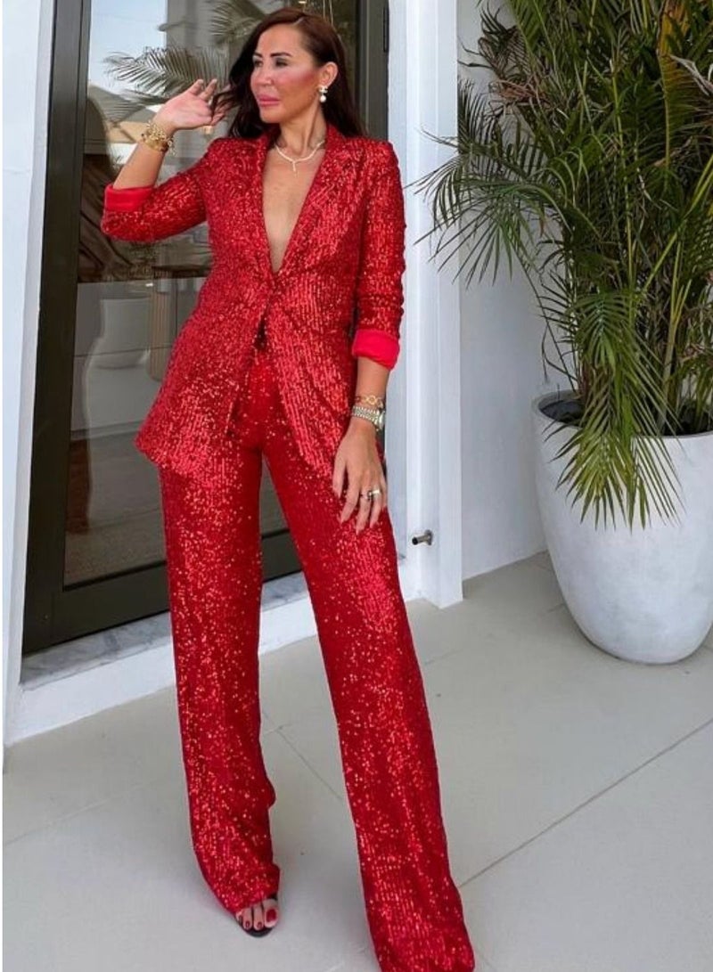 VENTIUP Women Wide Leg Sequin Pants Red - Image 4
