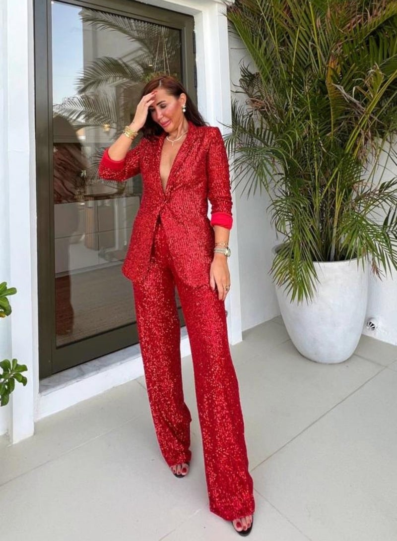 VENTIUP Women Wide Leg Sequin Pants Red - Image 2