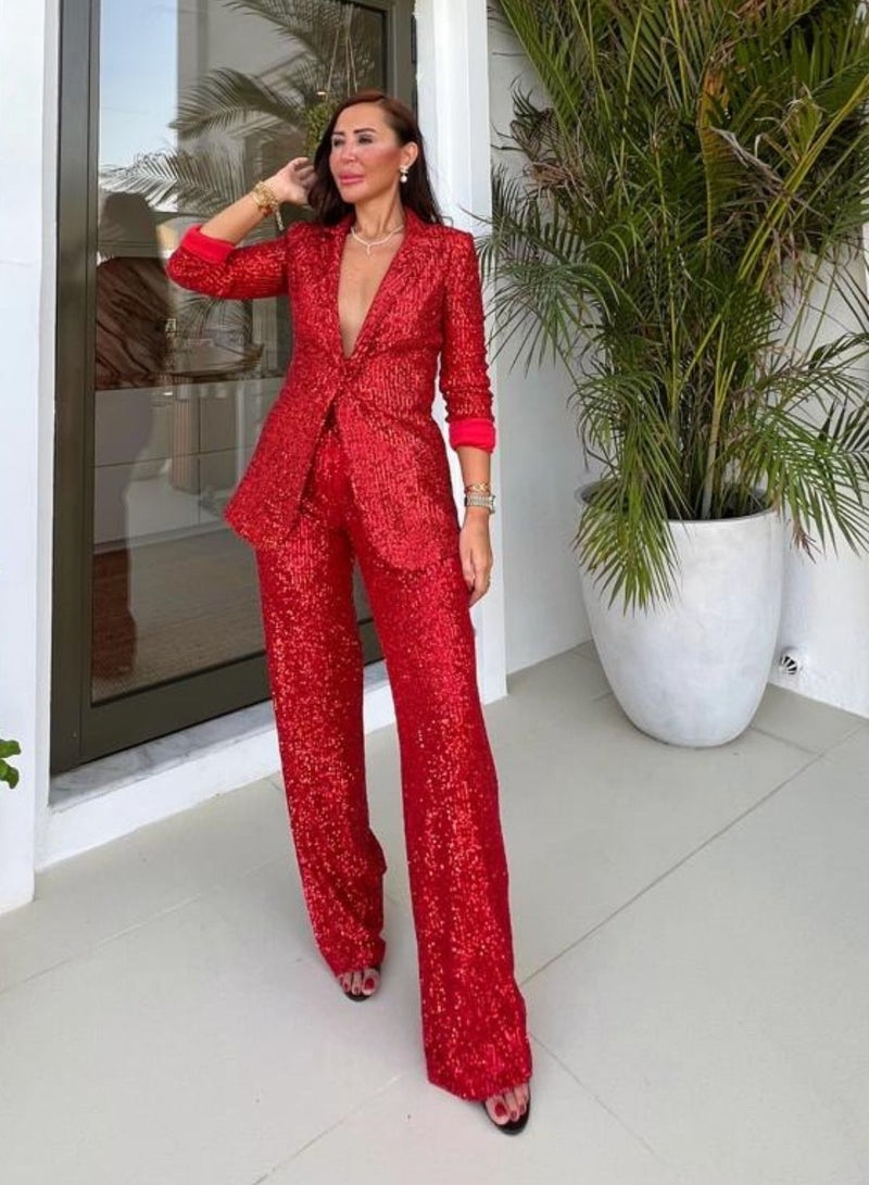 VENTIUP Women Wide Leg Sequin Pants Red - Image 1
