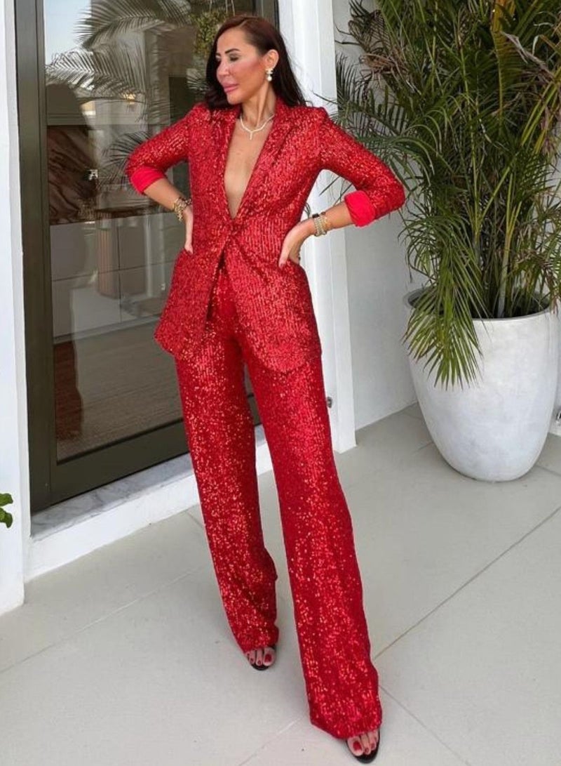 VENTIUP Women Wide Leg Sequin Pants Red - Image 3