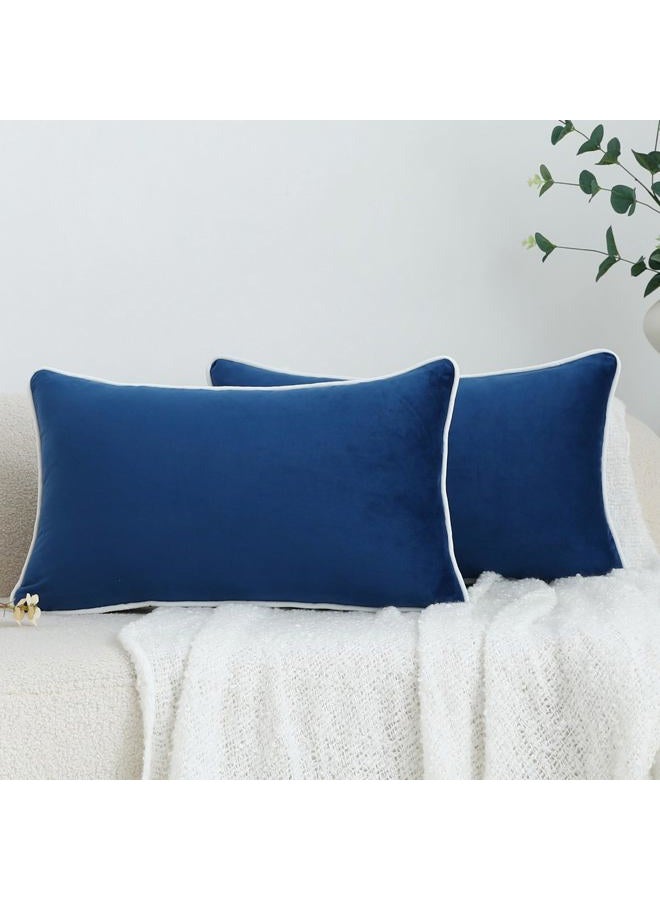 LIGICKY Set of 2 Nayy Blue Velvet Lumbar Pillow Covers Modern Minimalist Style Solid Decorative White Rope Edging Soft Rectangle Cushion Cases for Sofa Bedroom Party Décor, 12 x 20 inch - Image 1