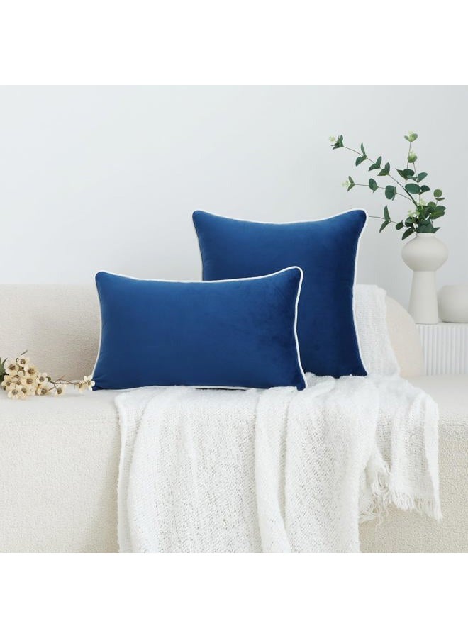 LIGICKY Set of 2 Nayy Blue Velvet Lumbar Pillow Covers Modern Minimalist Style Solid Decorative White Rope Edging Soft Rectangle Cushion Cases for Sofa Bedroom Party Décor, 12 x 20 inch - Image 2