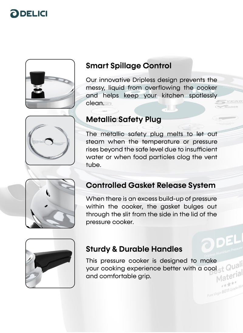 DELICI - 7Liters Aluminium Pressure Cooker Dripless 7 Litre – Superior Virgin Aluminium, Food Grade Rubber Gasket, Lead Free Safety Valves, Specially Designed Handle and Quality Pressure Regulator Dripless Pressure Cooker 7 LTR - Image 1