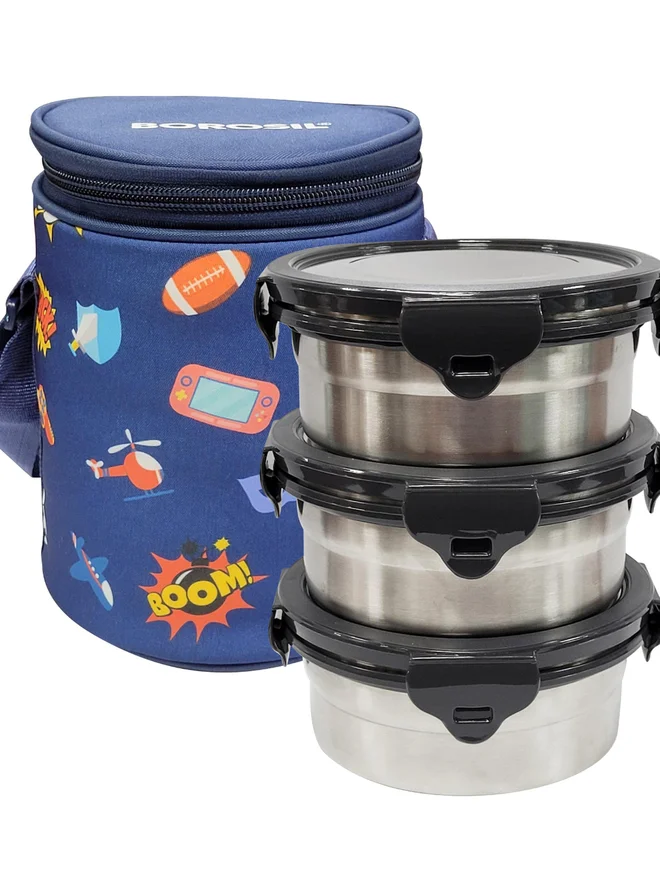 بوروسيل علب غداء مستديرة من الستانلس ستيل بوروسيل  قطع مع حقيبة حمل  مل - أزرق
