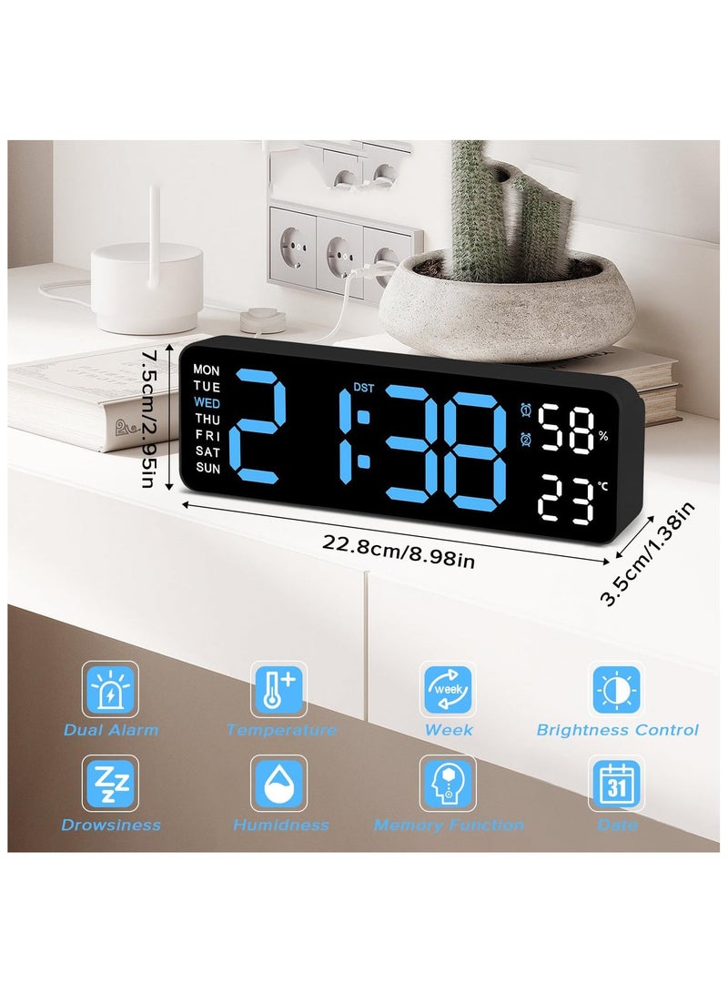 Beauenty Digital Clock, 9 LED Alarm Clock for Bedroom, Bedside Desk Table Clock, Digital Clock with Temperature/DST/Auto-Dimming/Humidity/Snooze-12/24H, for Deep Sleepers Kids Elderly Home Office -Blue - Image 3