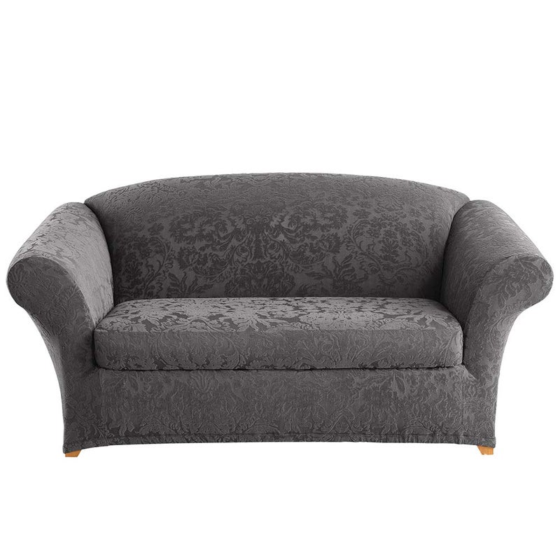 Surefit SureFit Stretch Jacquard Damask Box Cushion Loveseat Two Piece Slipcover Form Fit PolyesterSpandex Machine Washable Gray 