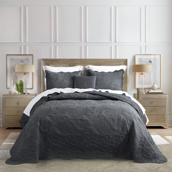 HZ HY OVERSIZED KING BEDSPREAD QUILTED COVERLET BEDDING SET LIGHTWEIGHT THIN COMFORTER REVERSIBLE LUXURIOUS 5 PIECE 100 MICROFIBER DARK GREY