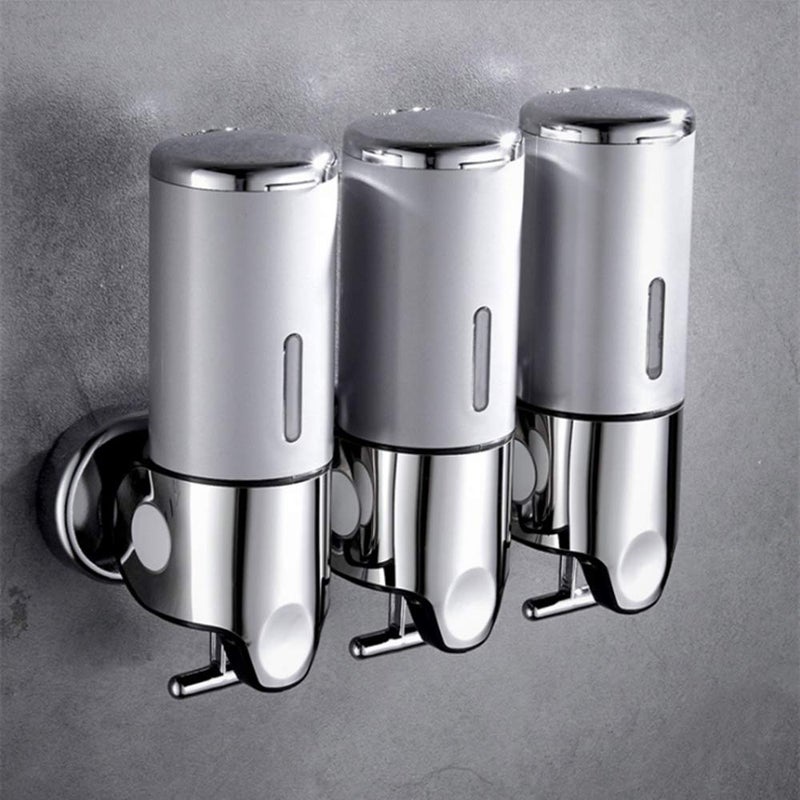 prosfalt prosfalt 3 in 1 Chamber Wall Mounted Bathroom Shower Pump Dispenser and OrganizerHolds Shampoo Soap Conditioner Shower Gel for Bathroom Kitchen Hotel Silver 