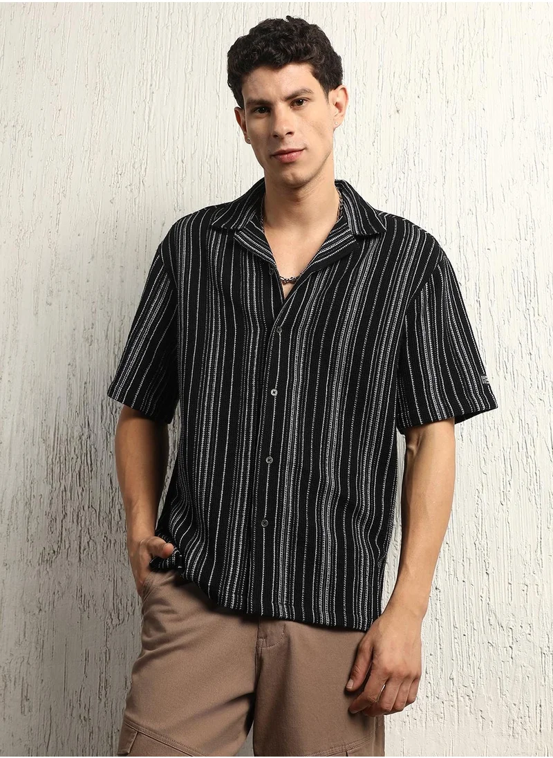 هوبرهولمي Black Striped Resort Collar Cotton Blended with Recycled Polyester Oversized Waffle Half Sleeve Woven Shirt for Men