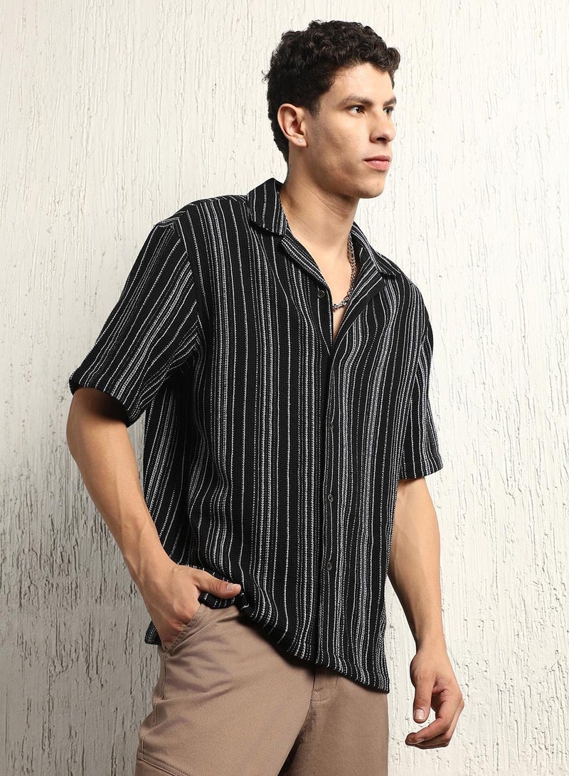 Hubberholme Black Striped Resort Collar Cotton Blended with Recycled Polyester Oversized Waffle Half Sleeve Woven Shirt for Men  - Image 3