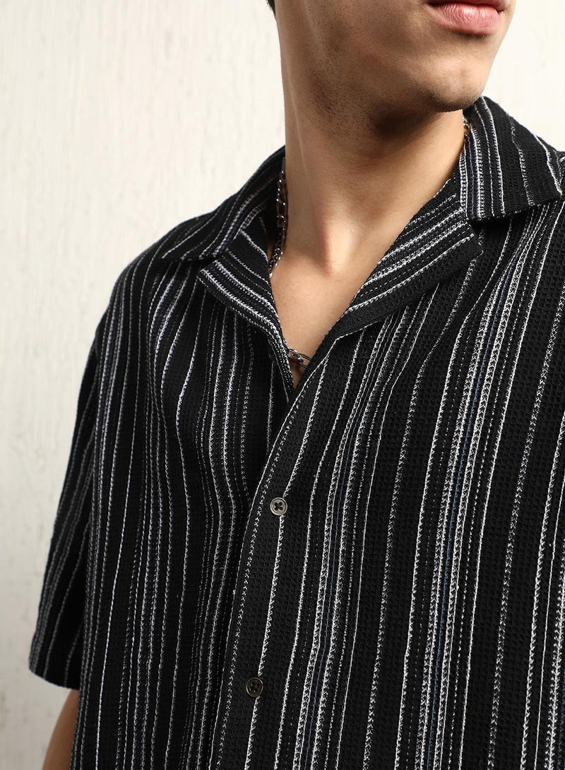 Hubberholme Black Striped Resort Collar Cotton Blended with Recycled Polyester Oversized Waffle Half Sleeve Woven Shirt for Men  - Image 5