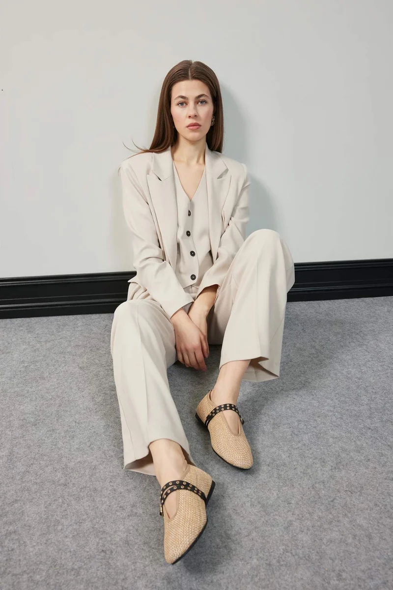 ديفاكتو Woman Double Strap Straw Ballerina Flat Shoes