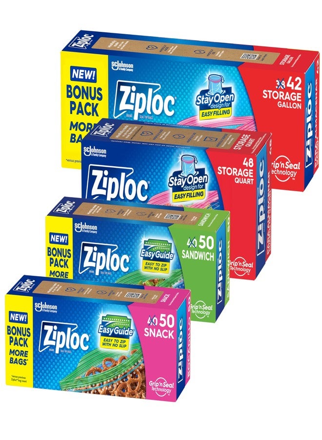 Ziploc Food Storage and Sandwich Bags Variety Pack, Stay Open Design with Stand-Up Bottom, Easy to Fill, 190 Bags Total - Image 1