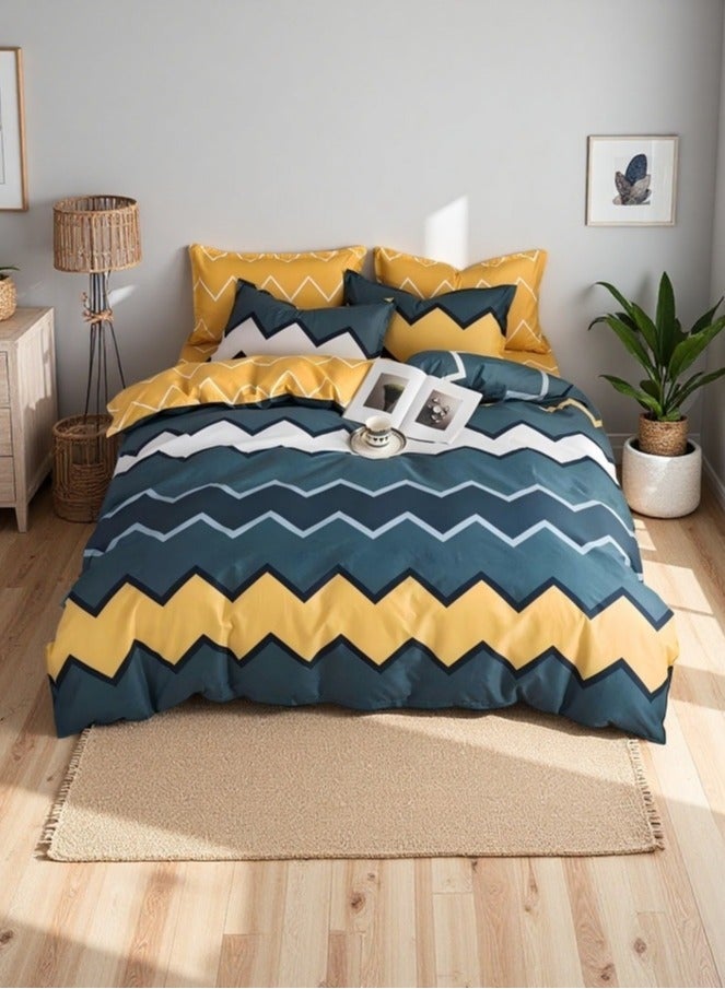 طقم سرير بسيط، طقم من 4 قطع بنمط متعرج متعدد الألوان، ملاءة سرير واحدة، غطاء لحاف واحد، 2 كيس وسادة، بدون حشو، مقاس غطاء اللحاف: 150 سم × 200 سم - Image 1