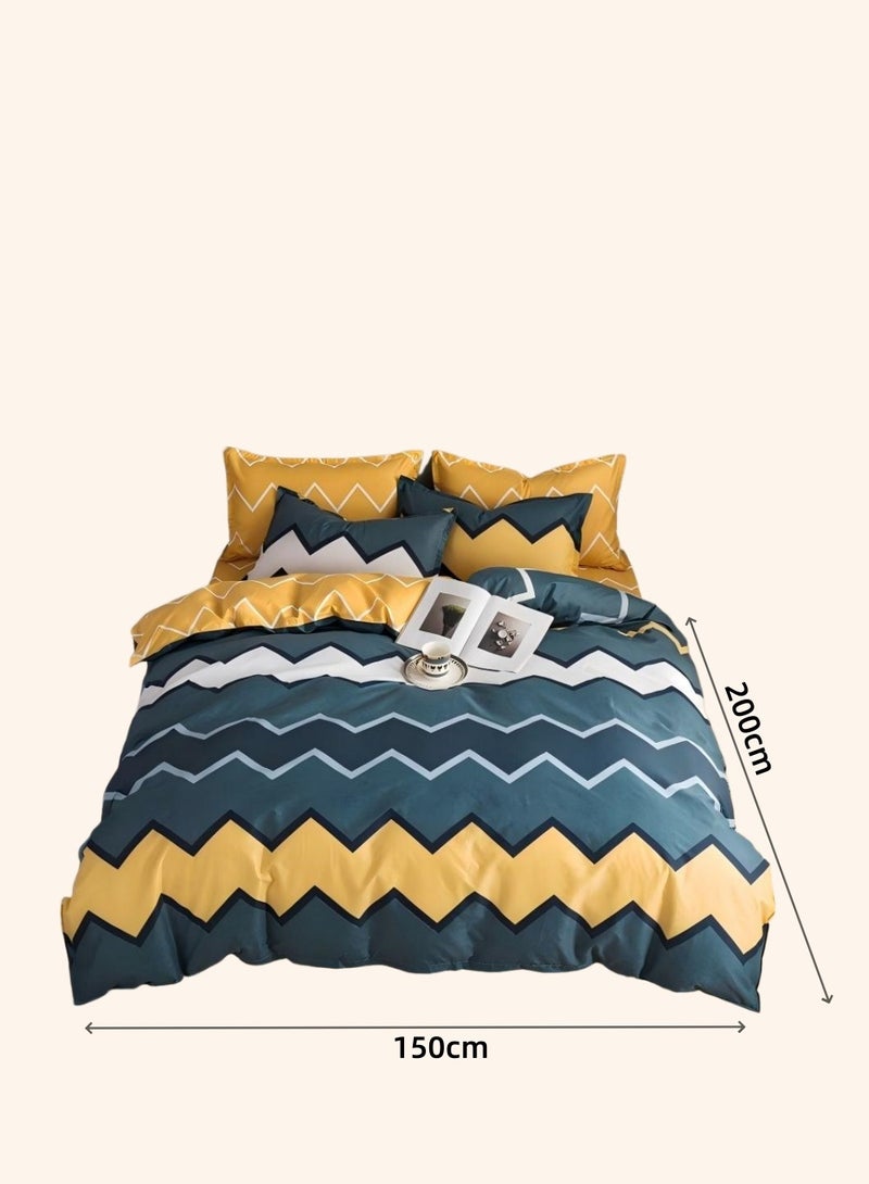 طقم سرير بسيط، طقم من 4 قطع بنمط متعرج متعدد الألوان، ملاءة سرير واحدة، غطاء لحاف واحد، 2 كيس وسادة، بدون حشو، مقاس غطاء اللحاف: 150 سم × 200 سم - Image 2