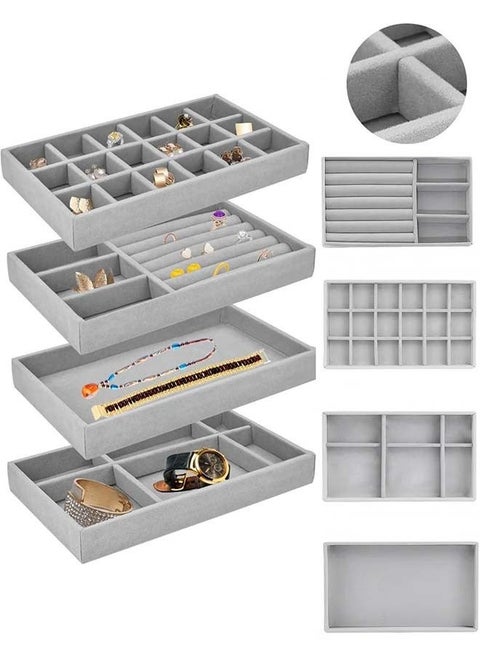 4Pcs Stackable Jewelry Organizer Trays for Drawers Display Case Storage Container Earring Necklace Rings Bracelet with Removable Dividers