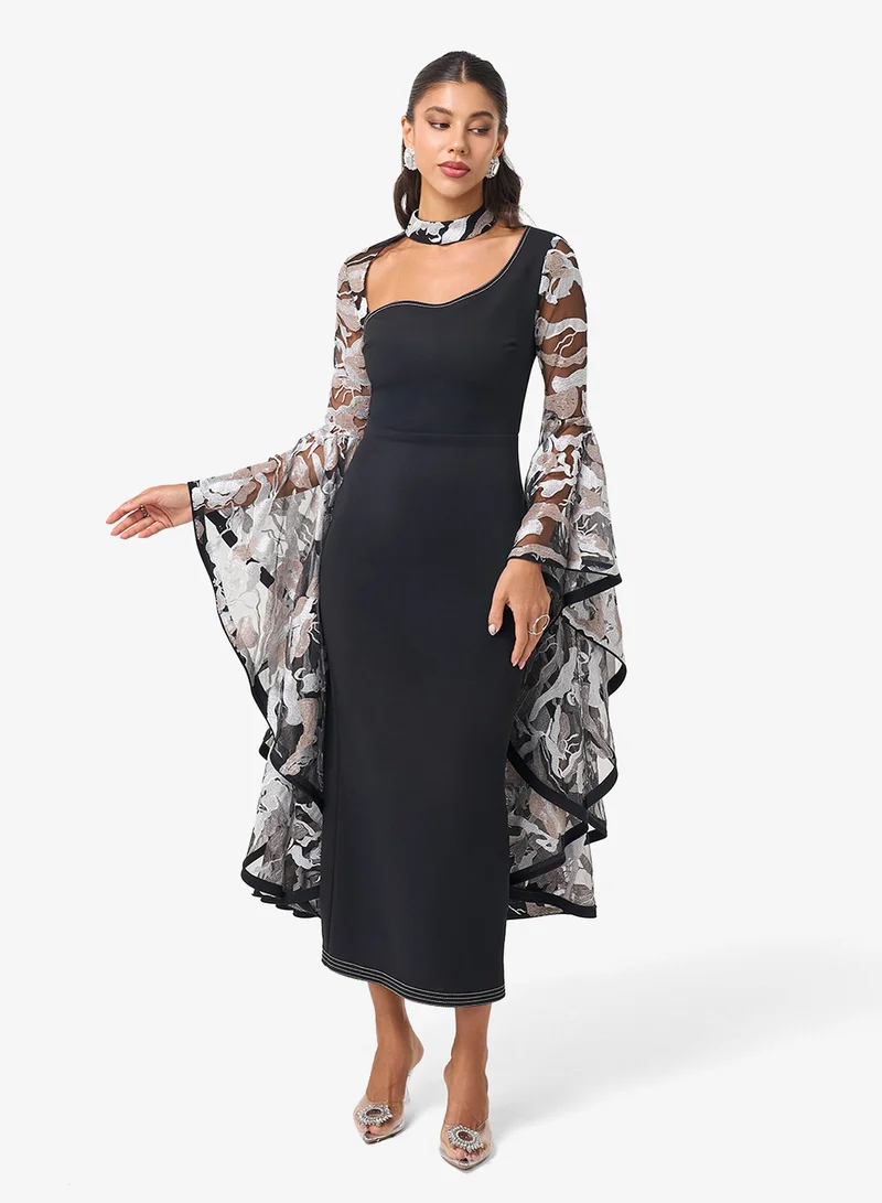 Threadz by Ajooni  Flared Sleeve Lace Detail Midi Dress for Women | Best Price UAE