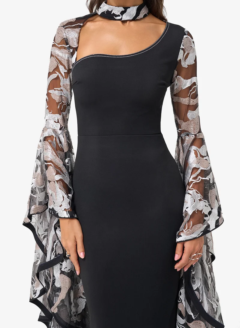 Threadz by Ajooni  Flared Sleeve Lace Detail Midi Dress for Women | Best Price UAE