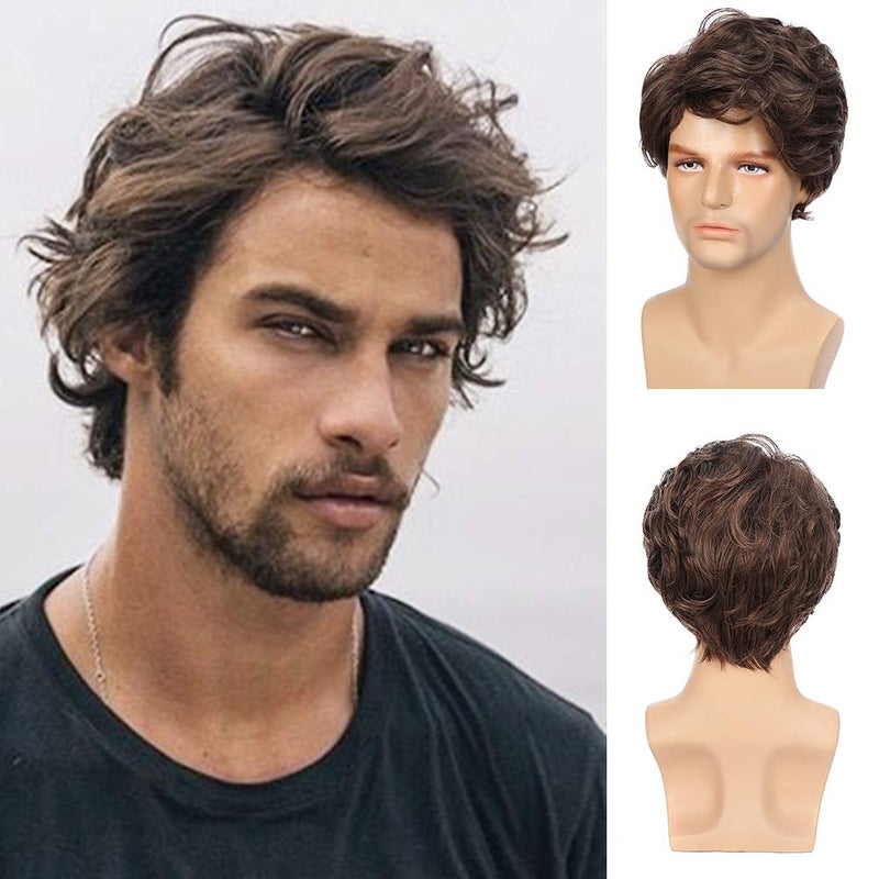 Kaneles Mens Wigs Brown Short Curly Shaggy Layered Cosplay Halloween Daily Costumes Male Wig