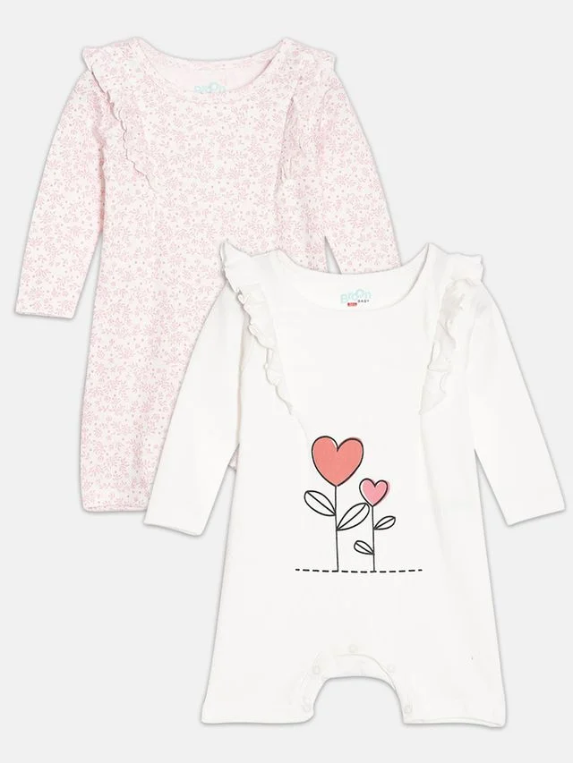 Broon Broon Infant Girls White and Pink Printed Organic Cotton Rompers Pack of 2