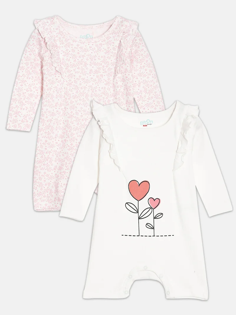 Broon Broon Infant Girls White and Pink Printed Organic Cotton Rompers Pack of 2