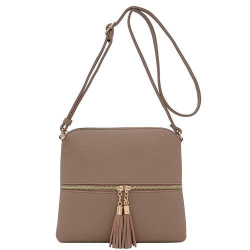 DELUXITY Lightweight Medium Crossbody Bag with Tassel (Taupe) - Image 2