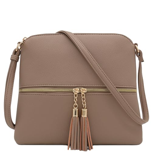 DELUXITY Lightweight Medium Crossbody Bag with Tassel (Taupe) - Image 1