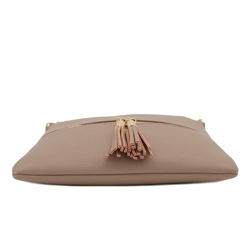 DELUXITY Lightweight Medium Crossbody Bag with Tassel (Taupe) - Image 4