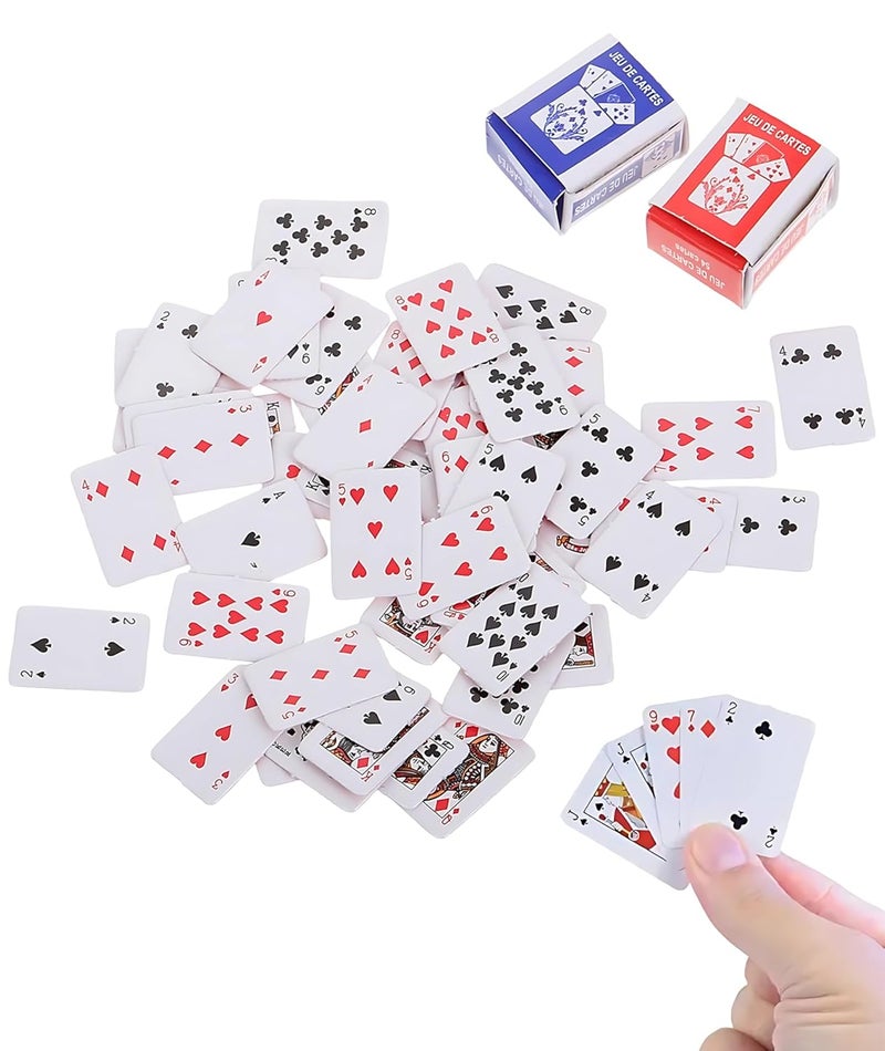 Buildcon طقم بطاقات لعب مصغرة 2 مجموعة، بطاقات سوبر إمبلس المصغرة للسفر، بطاقات بوكر بحجم الجيب مع 54 ورقة لكل مجموعة، حجم مصغر للألعاب، الحيل السحرية، وزينة منزل الدمى - Image 1