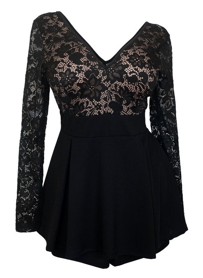 eVogues Apparel - eVogues Plus Size Lace Overlay Romper Dress Black - 1X - Image 1