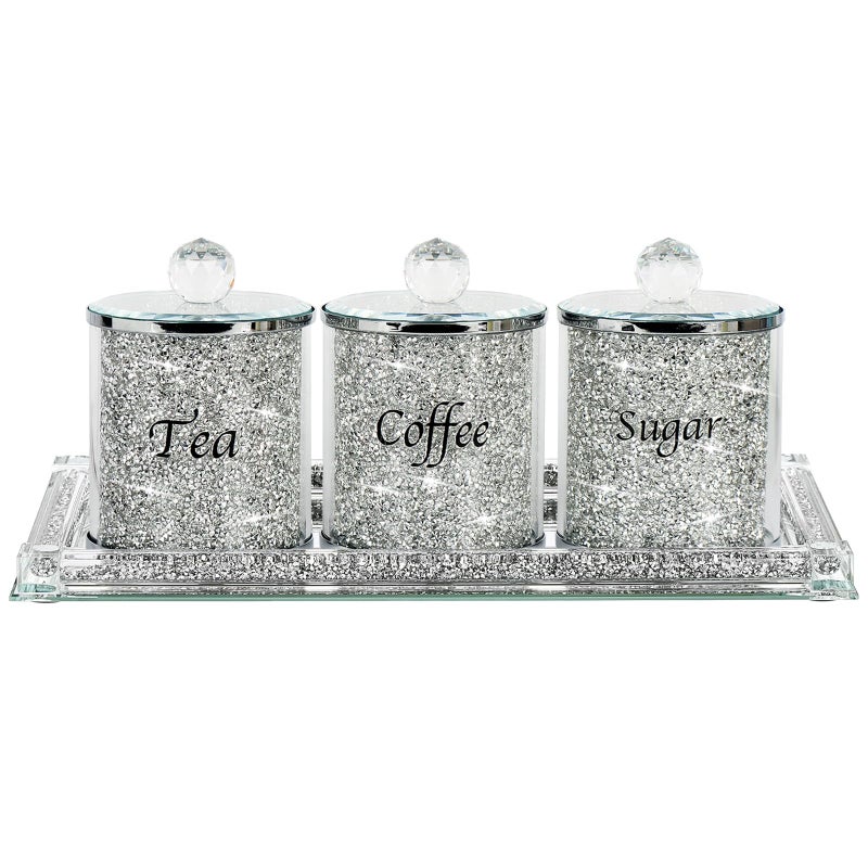 Topsky Coffee Sugar Tea Crystal Canister Set of 4,Sparkly Crystal Crushed Diamonds Home Decor,Silver Kitchen Coffee Jar Storage Set with Label & Lid,Storage Container Set for Countertop,Dining Room - Image 1