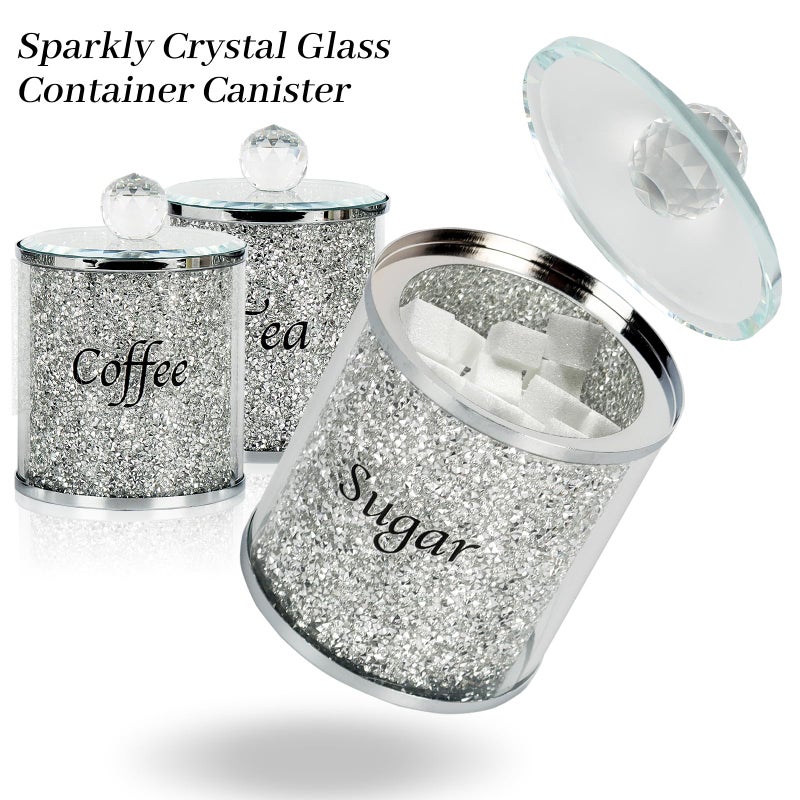 Topsky Coffee Sugar Tea Crystal Canister Set of 4,Sparkly Crystal Crushed Diamonds Home Decor,Silver Kitchen Coffee Jar Storage Set with Label & Lid,Storage Container Set for Countertop,Dining Room - Image 3