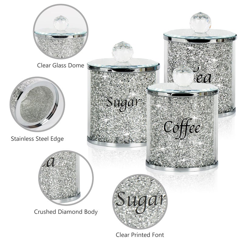 Topsky Coffee Sugar Tea Crystal Canister Set of 4,Sparkly Crystal Crushed Diamonds Home Decor,Silver Kitchen Coffee Jar Storage Set with Label & Lid,Storage Container Set for Countertop,Dining Room - Image 4