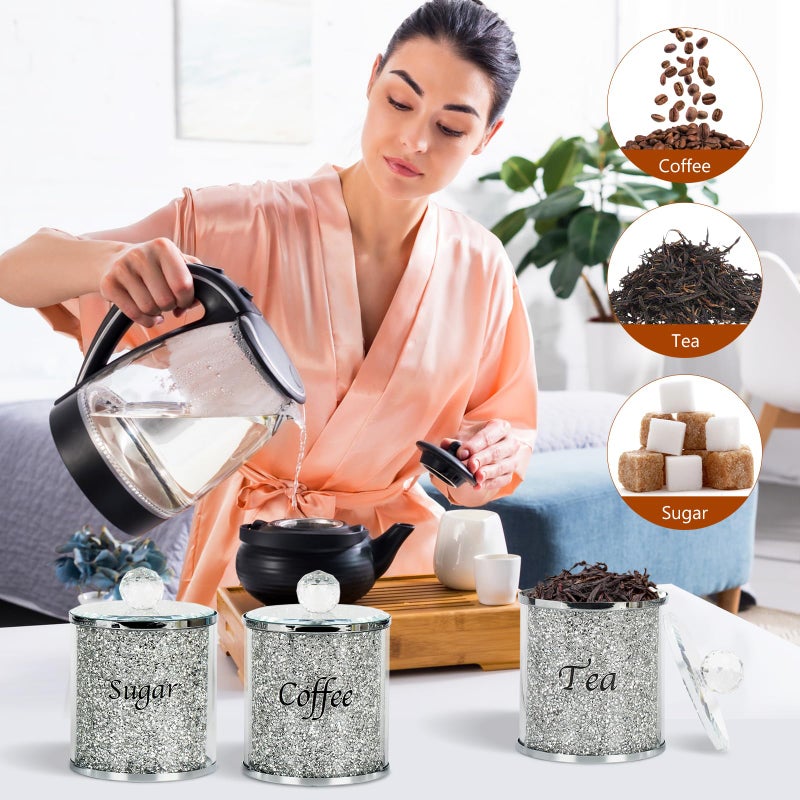 Topsky Coffee Sugar Tea Crystal Canister Set of 4,Sparkly Crystal Crushed Diamonds Home Decor,Silver Kitchen Coffee Jar Storage Set with Label & Lid,Storage Container Set for Countertop,Dining Room - Image 2