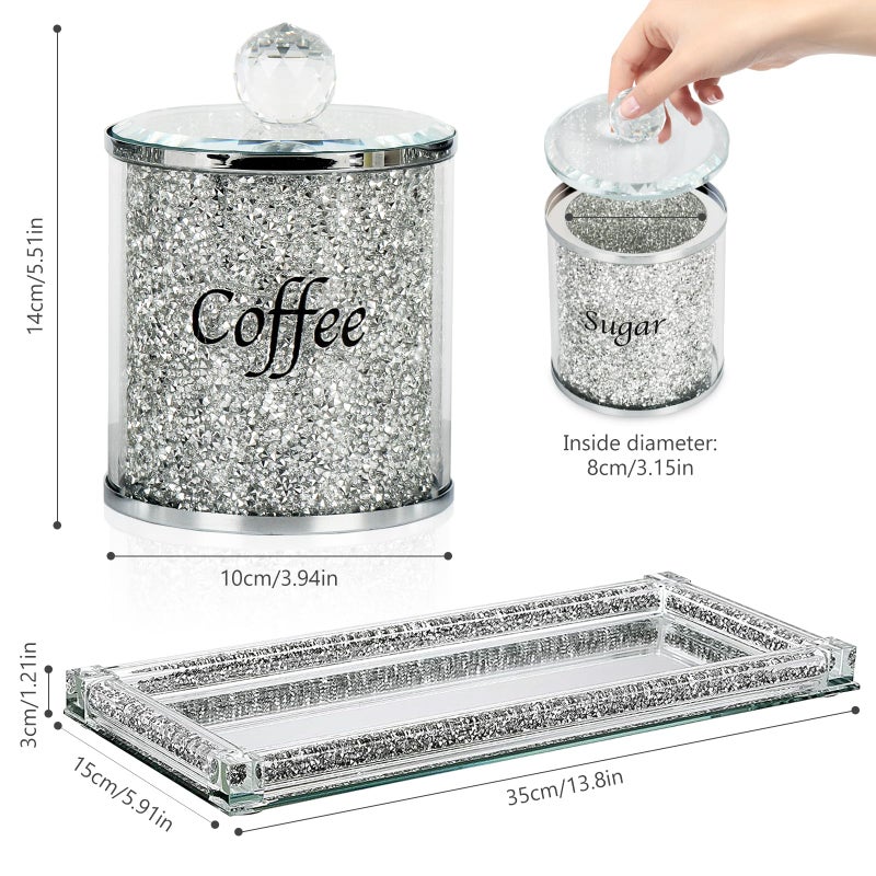 Topsky Coffee Sugar Tea Crystal Canister Set of 4,Sparkly Crystal Crushed Diamonds Home Decor,Silver Kitchen Coffee Jar Storage Set with Label & Lid,Storage Container Set for Countertop,Dining Room - Image 5